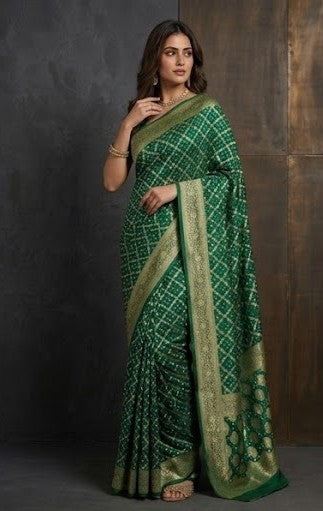 Emerald Green Bandhej Printed Premium Silk Saree