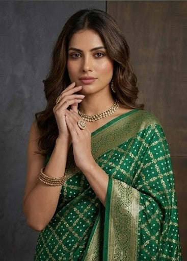 Emerald Green Bandhej Printed Premium Silk Saree