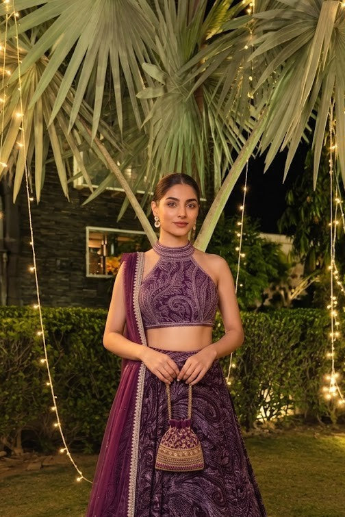 Deep Wine Embellished Velvet Silk Lehenga Set