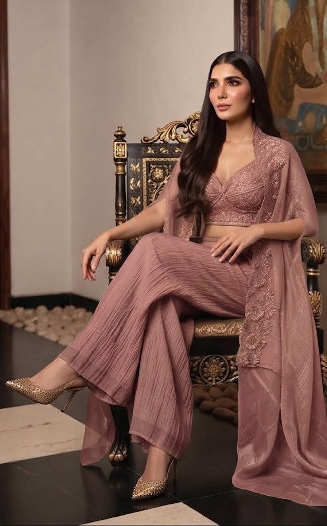 Rose Mist Embellished Shimmer Tissue Silk Cape Set