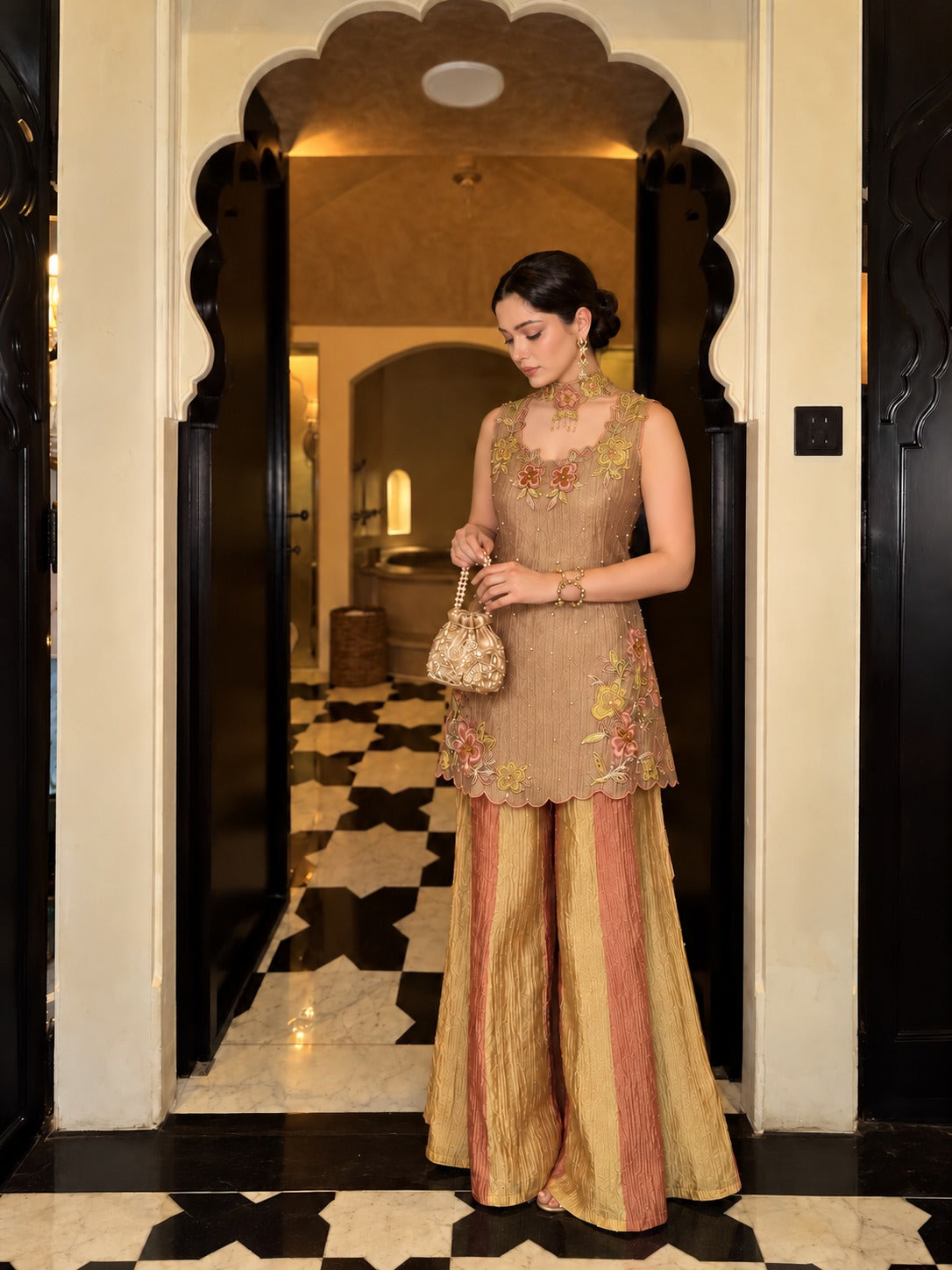 Rose Champagne Embellished Shimmer Tissue Silk Palazzo Set