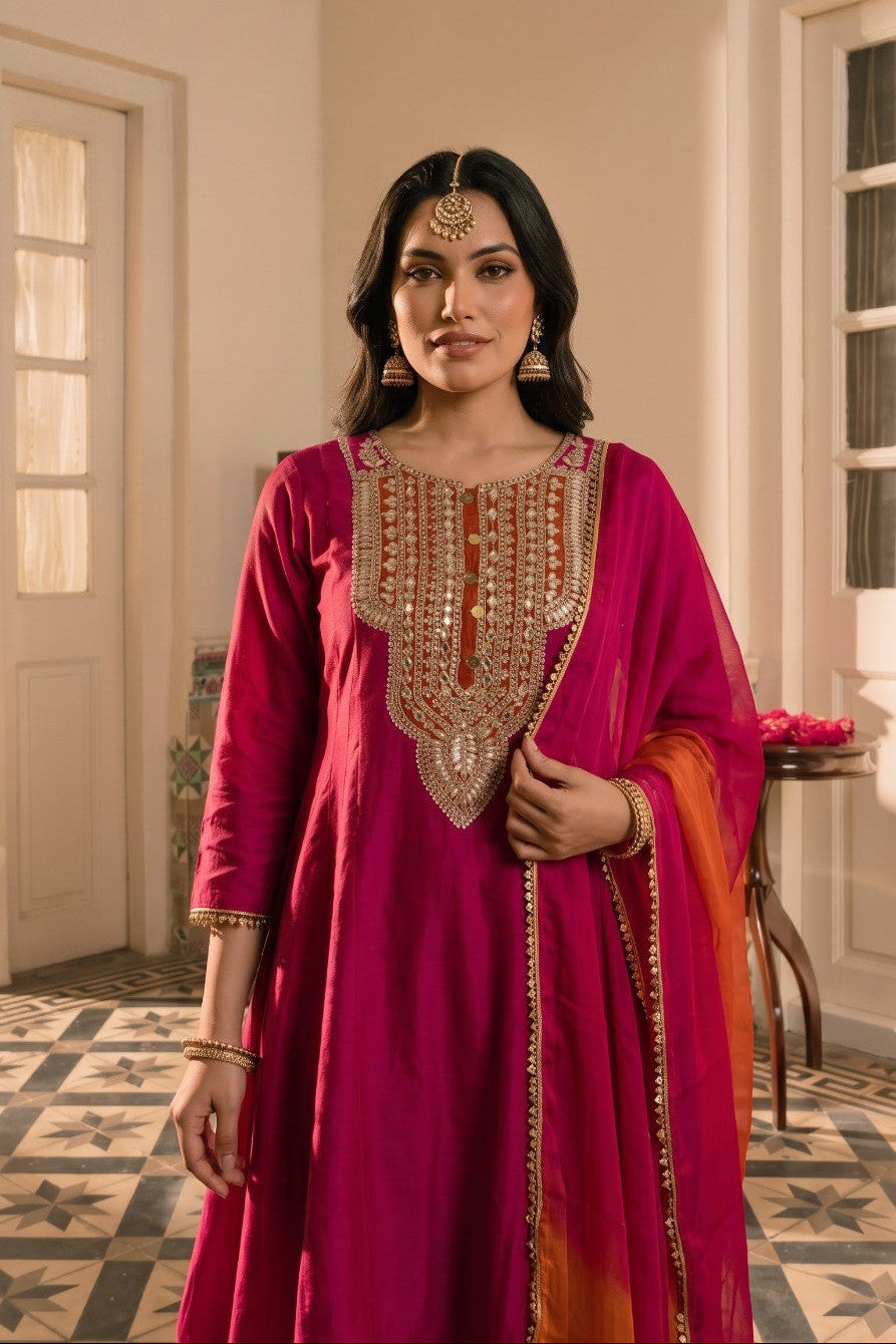 Vibrant Rani Pink Embellished Raw Silk Palazzo Set