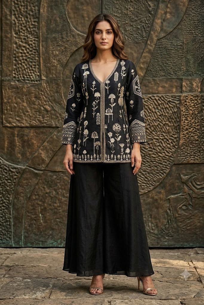 Majestic Black Embellished Raw Silk Palazzo Set