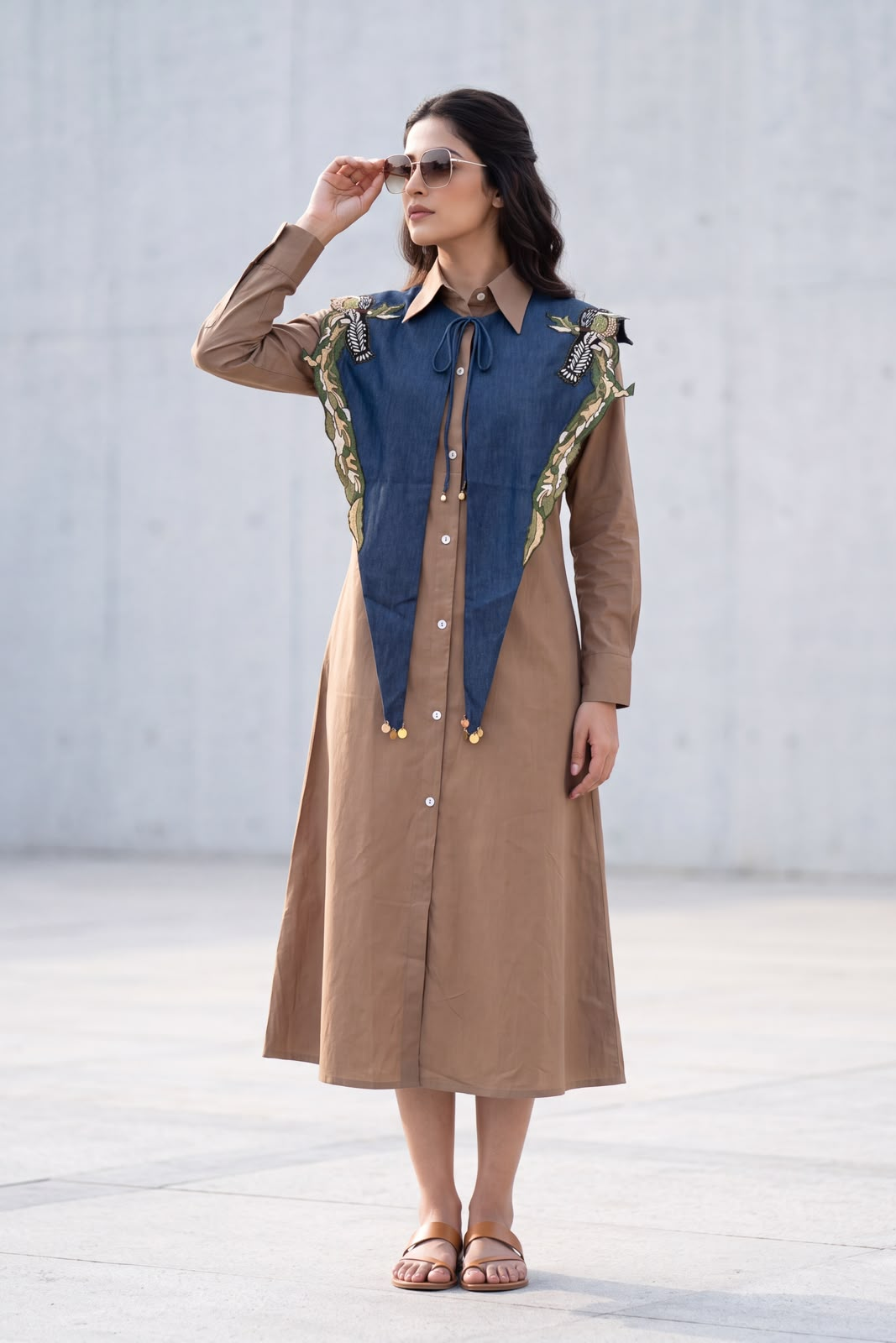 Beige Denim Embroidered Cotton Midi Dress
