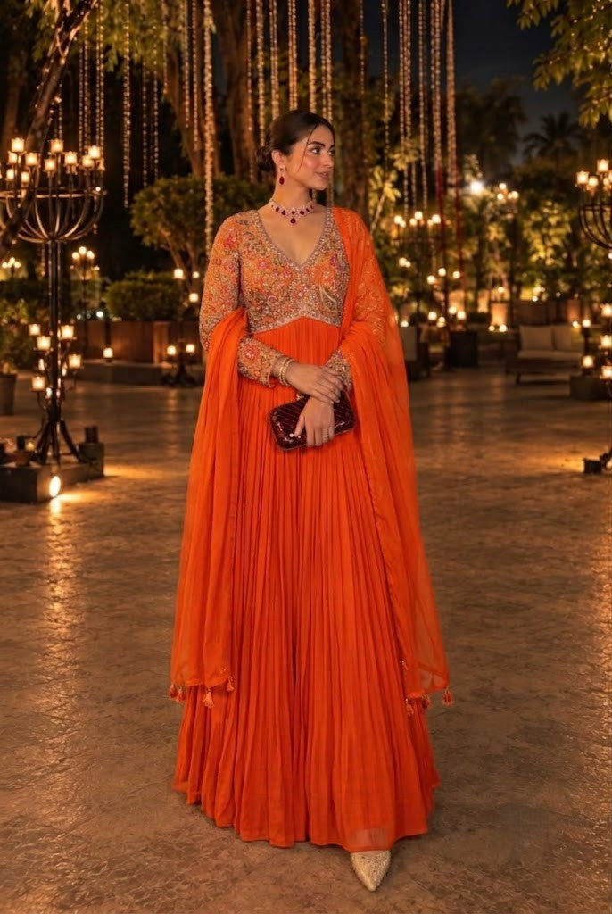 Vibrant Orange Embellished Georgette Silk Anarkali Set