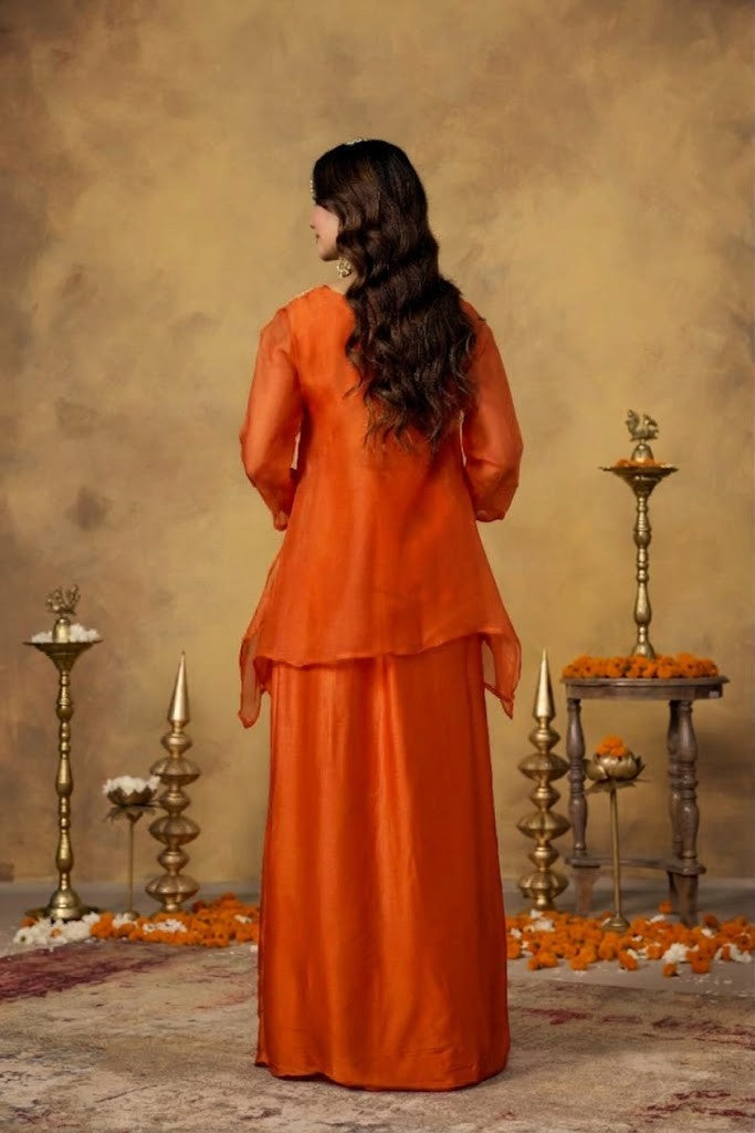 Bright Orange Embellished Satin Silk Skirt Set