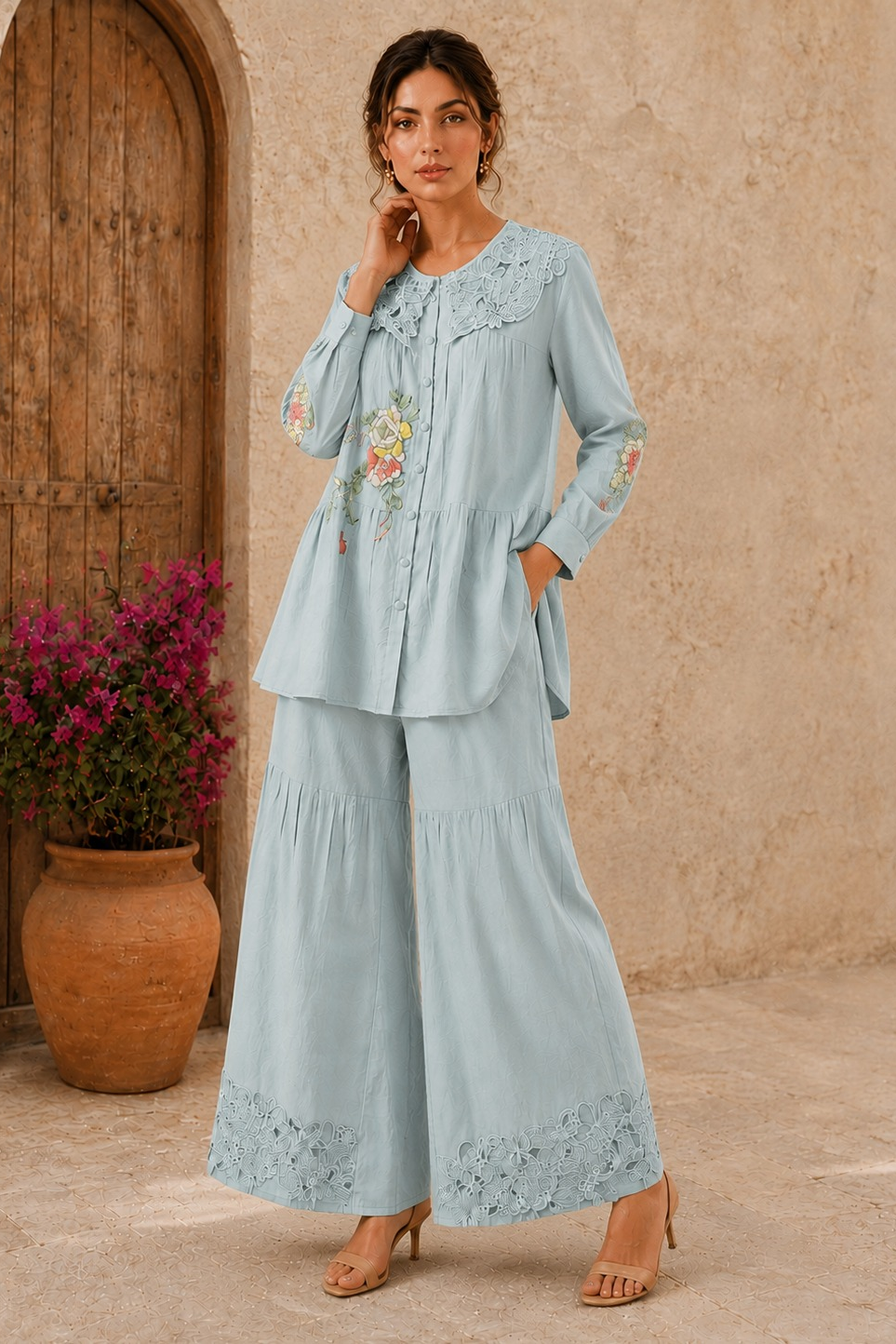 Powder Blue Embroidered Linen Co-Ord Set