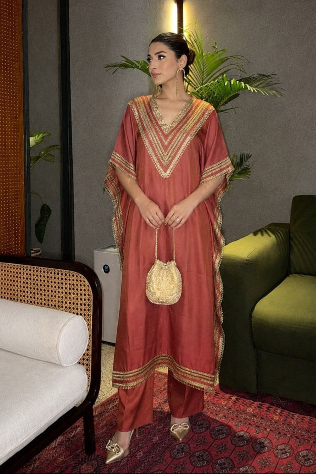 Soft Coral Embroidered Premium Silk Kaftan Set
