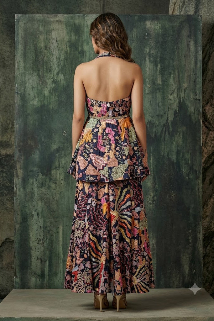 Navy Blue Embellished Satin Silk Palazzo Set