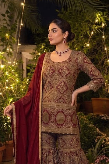 Royal Red Embellished Crepe Silk Sharara Set