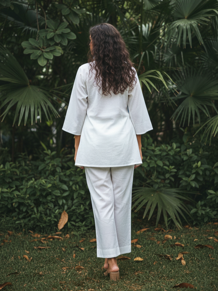White & Blue Geometric Embroidered Cotton Co-Ord Set