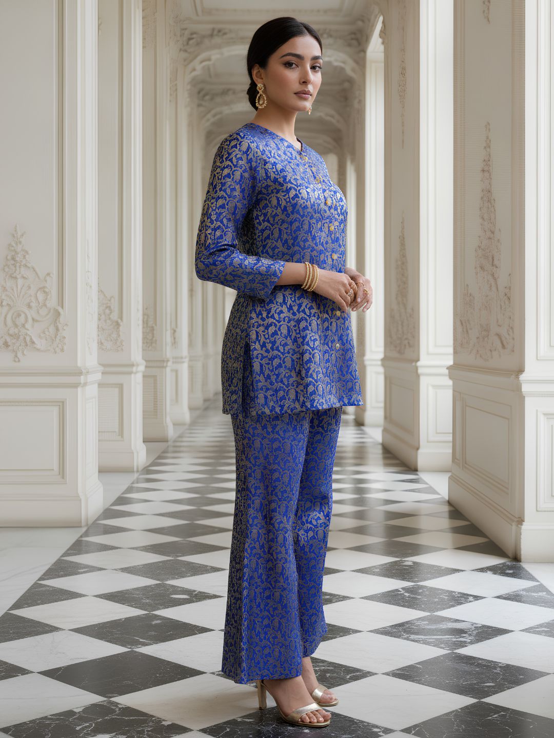 Royal Blue Embellished Jacquard Silk Co-Ord Set