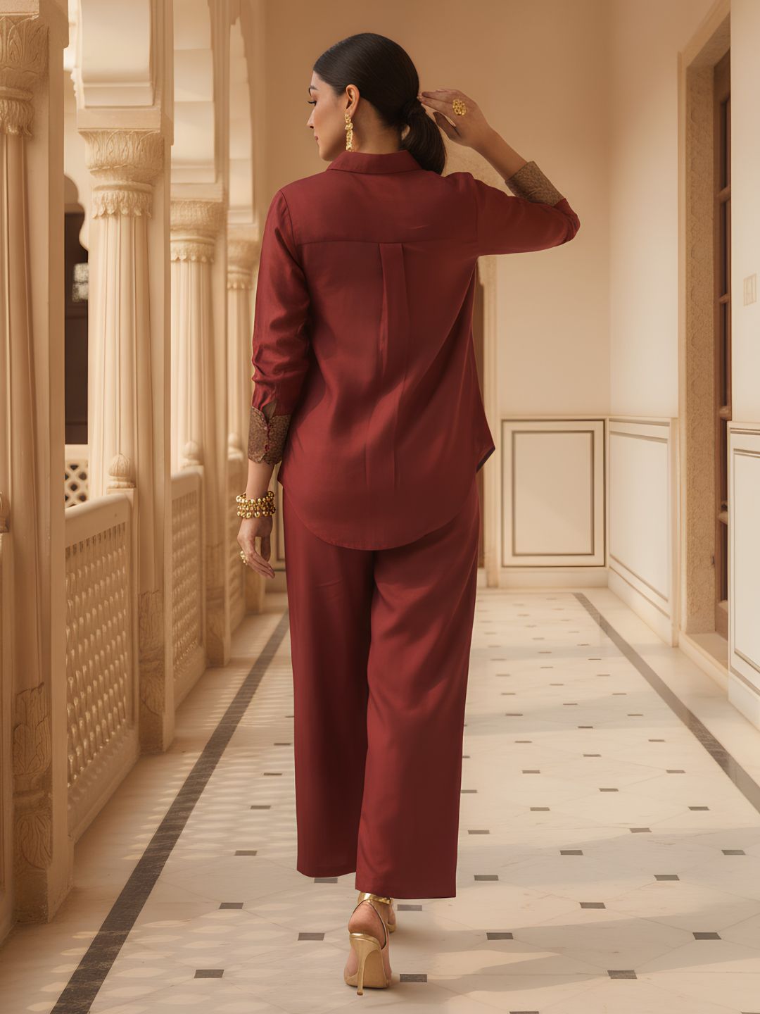 Deep Maroon Embroidered Banarasi Silk Co-Ord Set