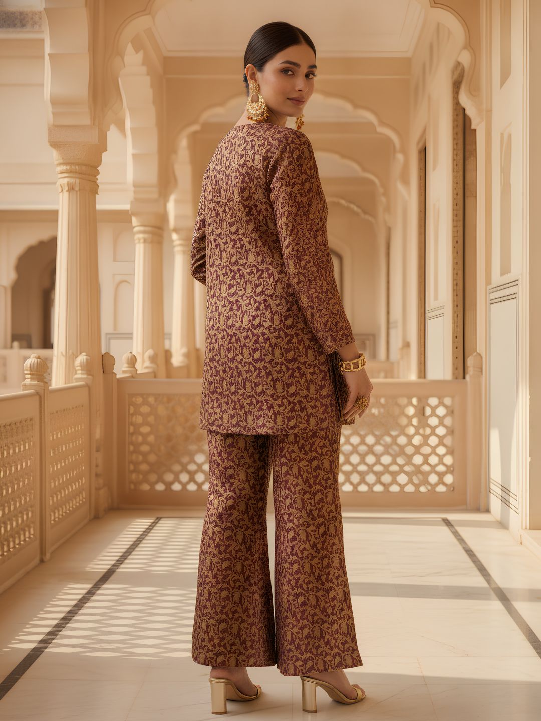 Deep Plum Embroidered Jacquard Silk Co-Ord Set