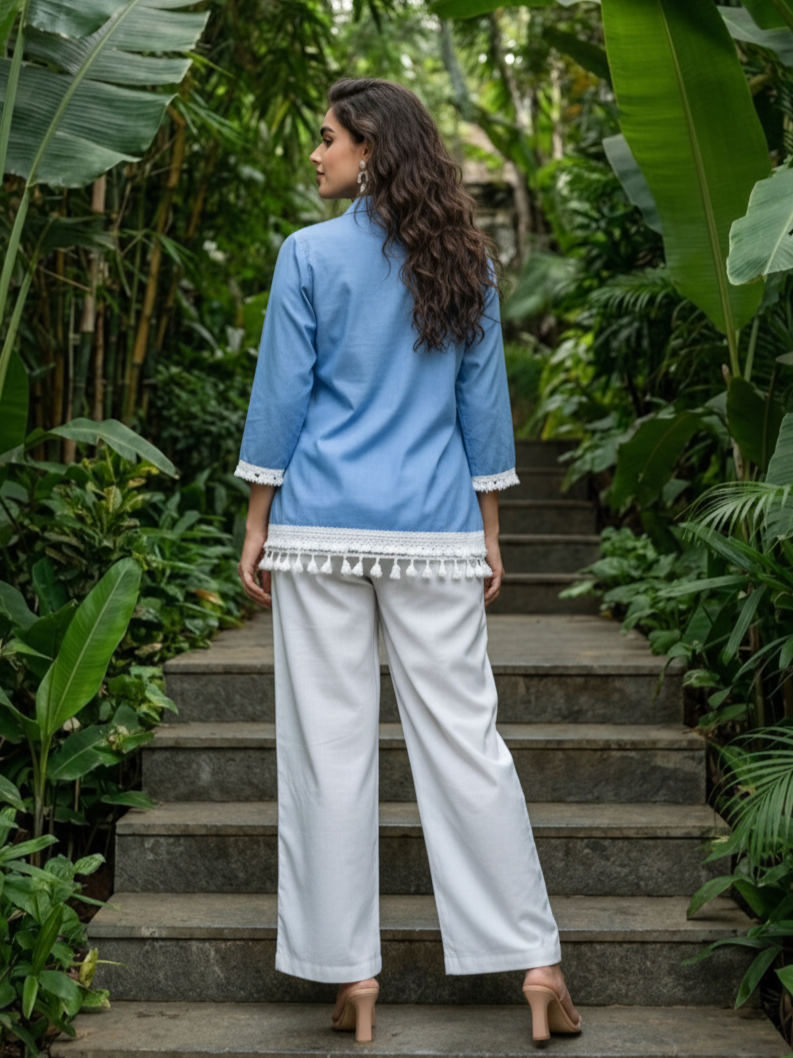 Sky Blue & White Tropical Printed Cotton Co-ord Set