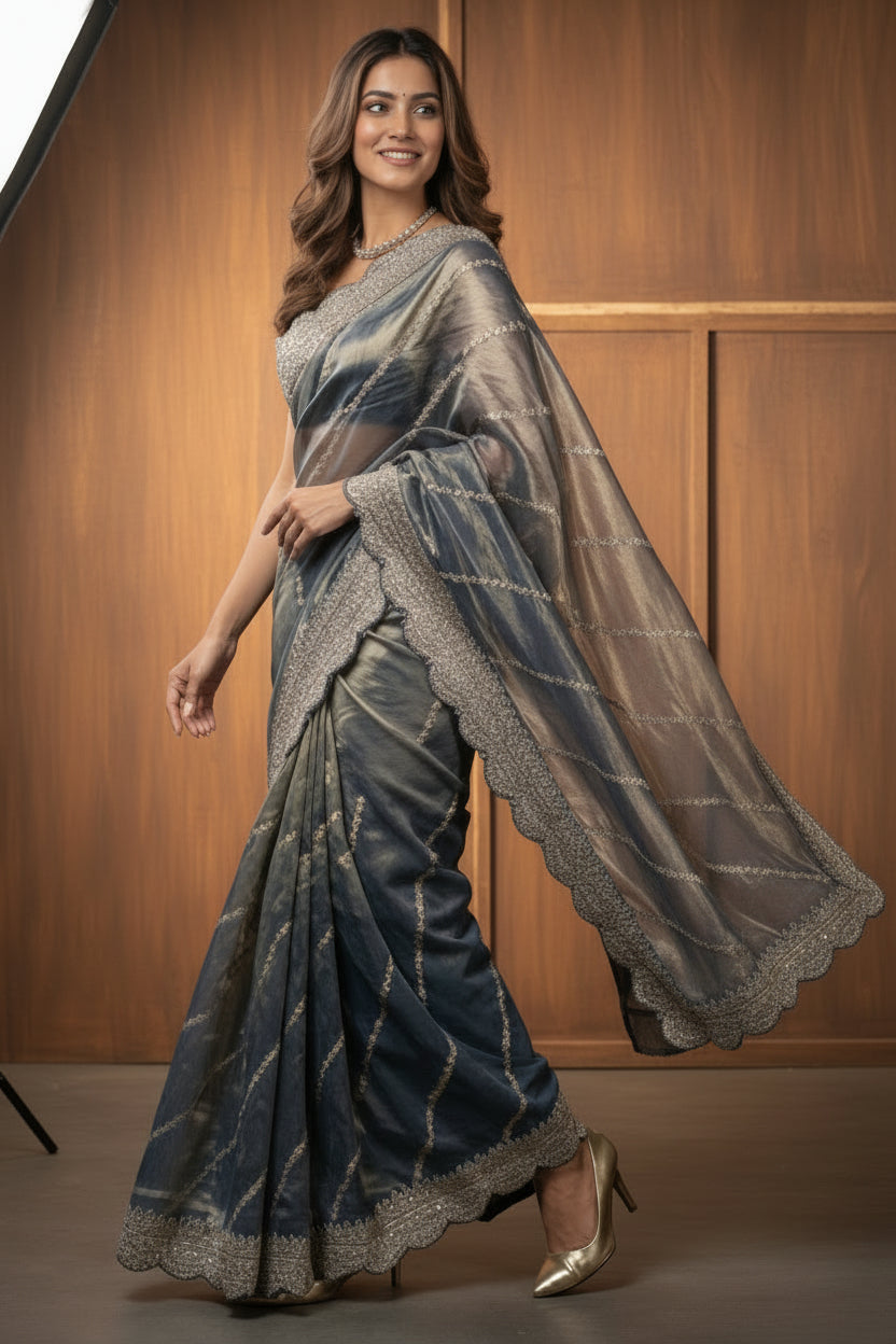 Grey Embroidered Shimmer Tissue Silk Saree