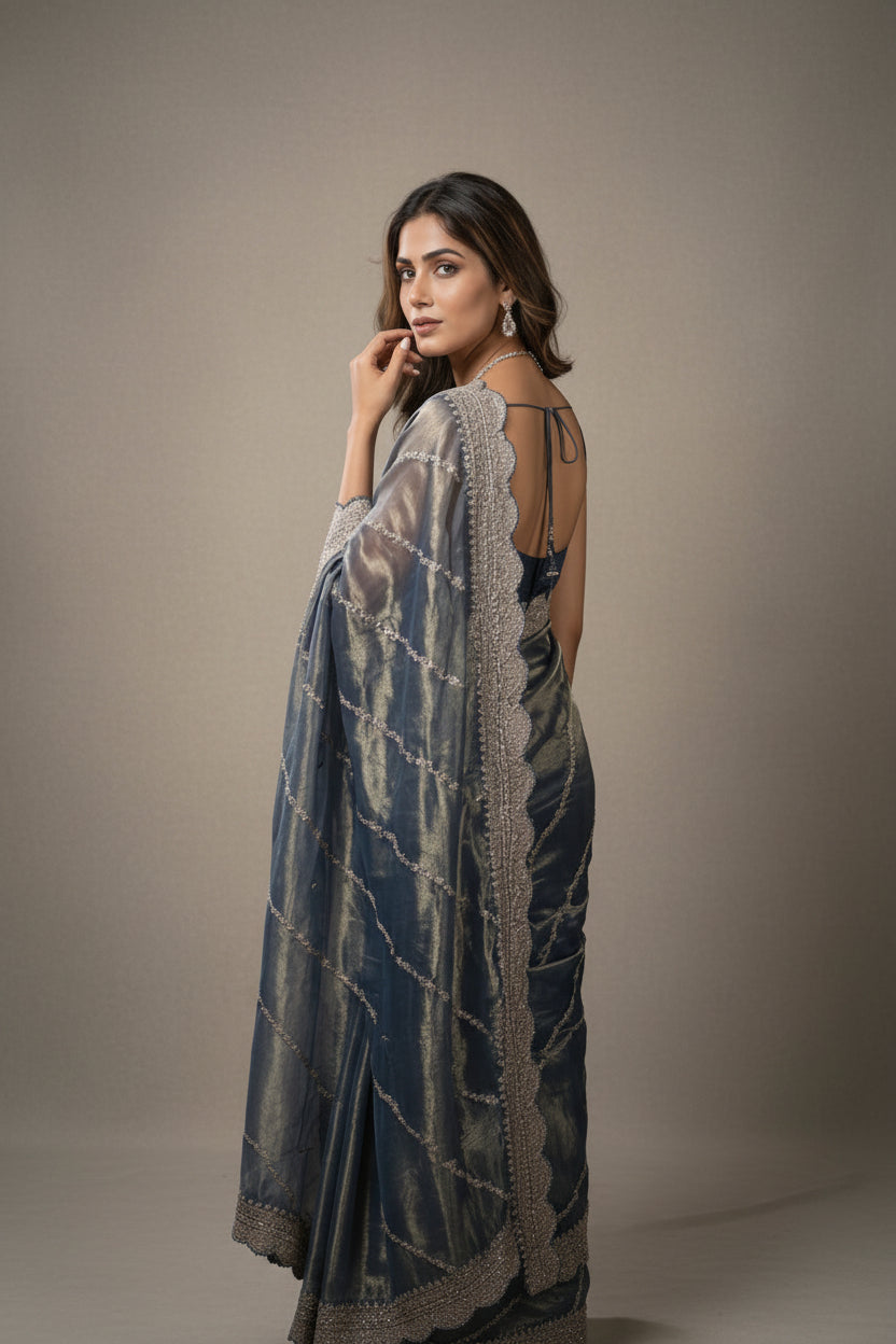 Grey Embroidered Shimmer Tissue Silk Saree