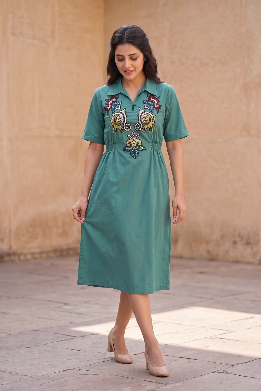 Sea Blue Embroidered Cotton Midi Dress S / Cotton / Made To Order in 25-30 Days