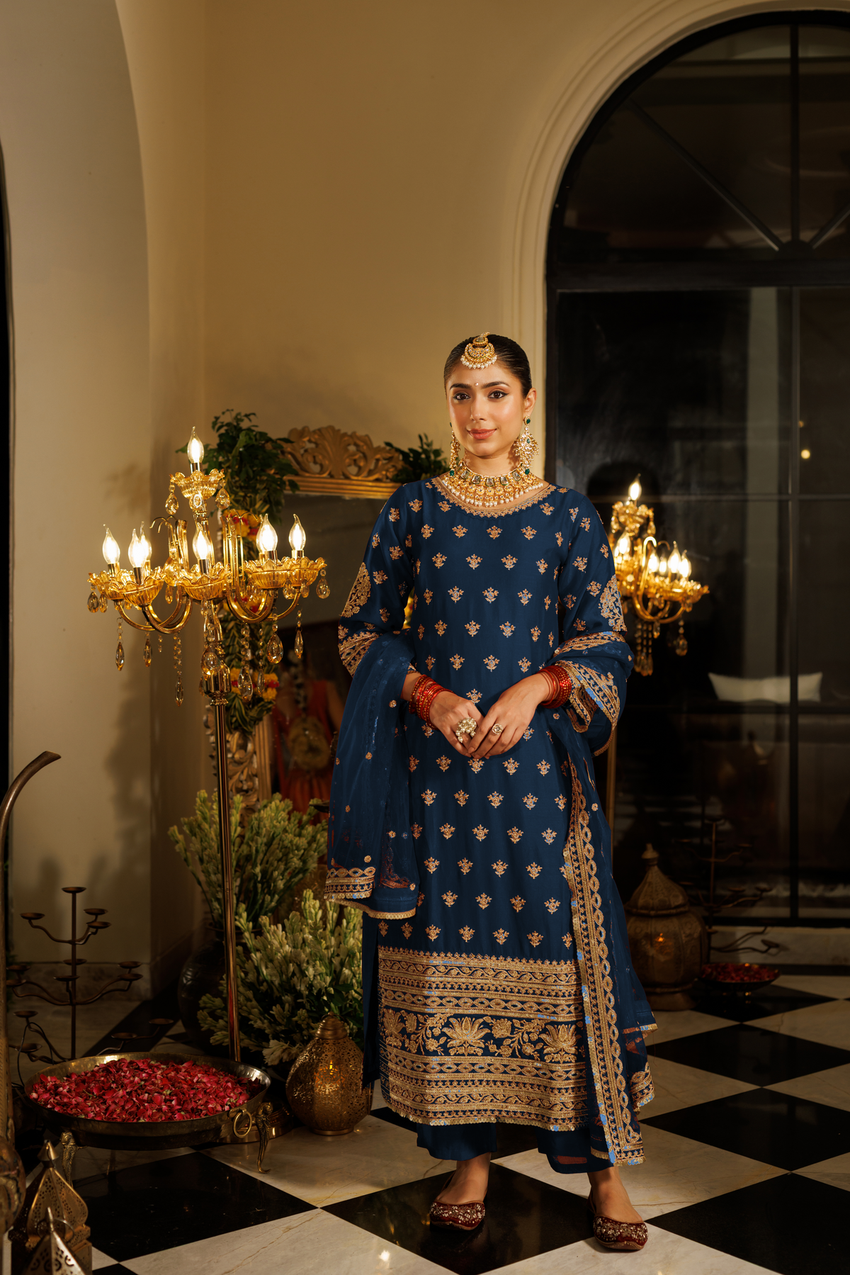 Deep Midnight Blue Embellished Shimmer Silk Pant Set