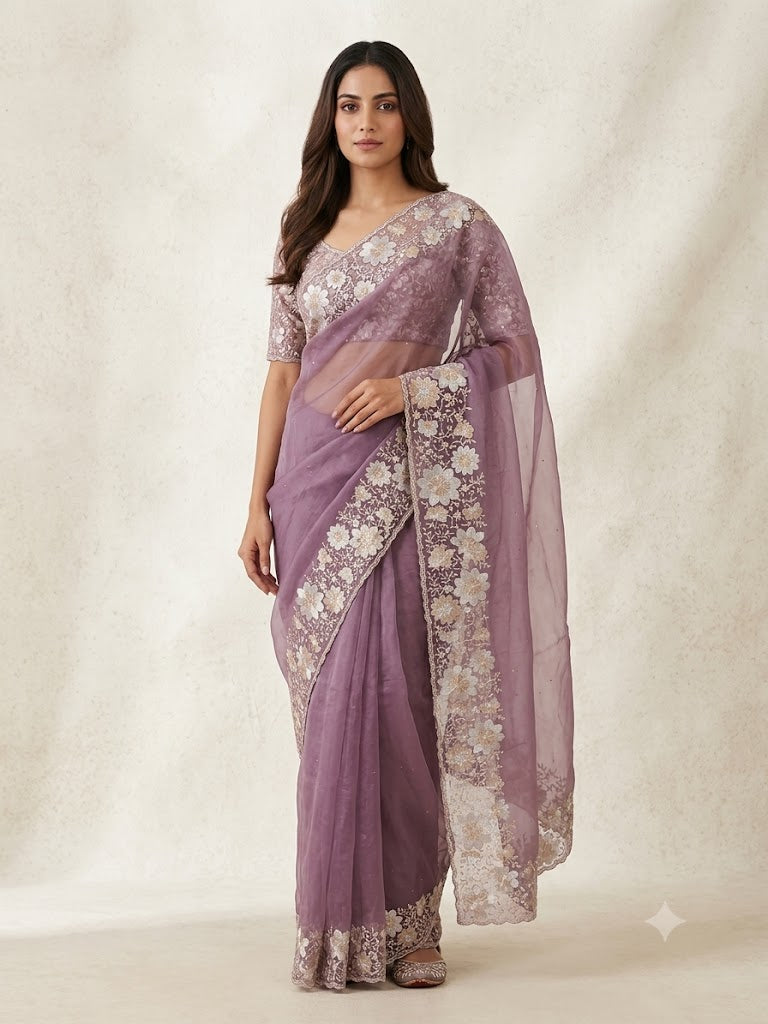 Lavender Embroidered Organza Silk Saree