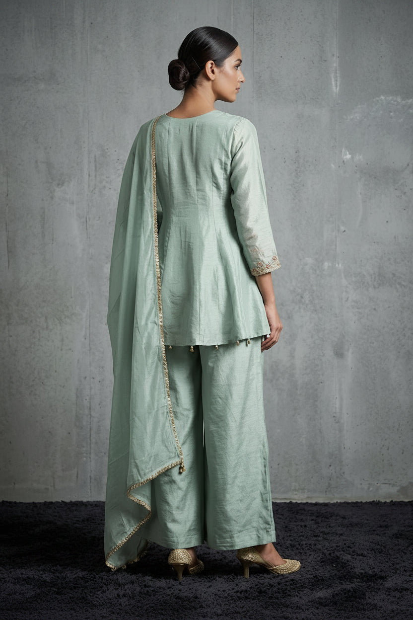 Glacier Blue Embellished Shimmer Tissue Silk Palazzo Set