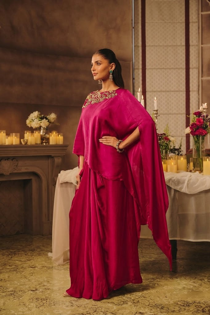Rani Pink Embellished Crepe Silk Skirt Set