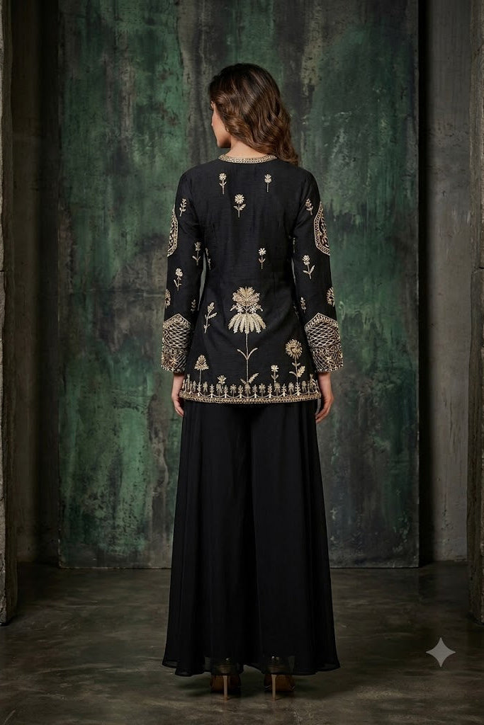 Majestic Black Embellished Raw Silk Palazzo Set