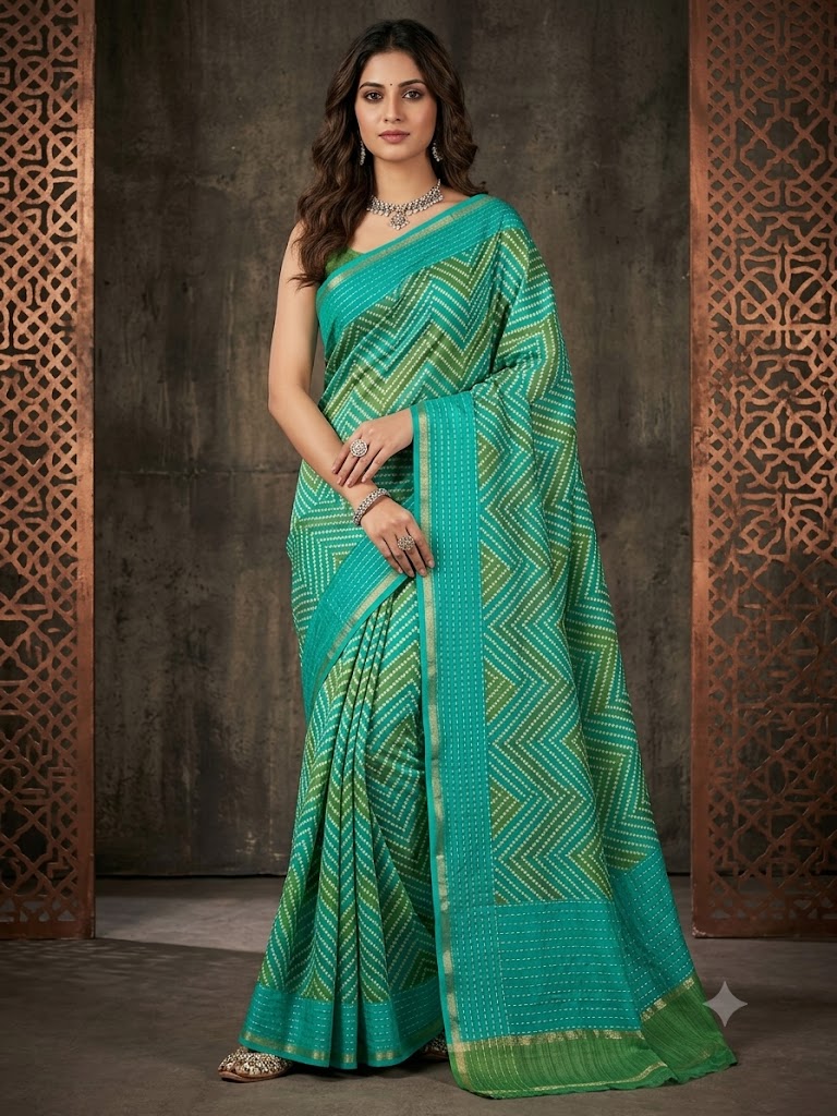 Sea Green Printed Kantha Cotton Saree