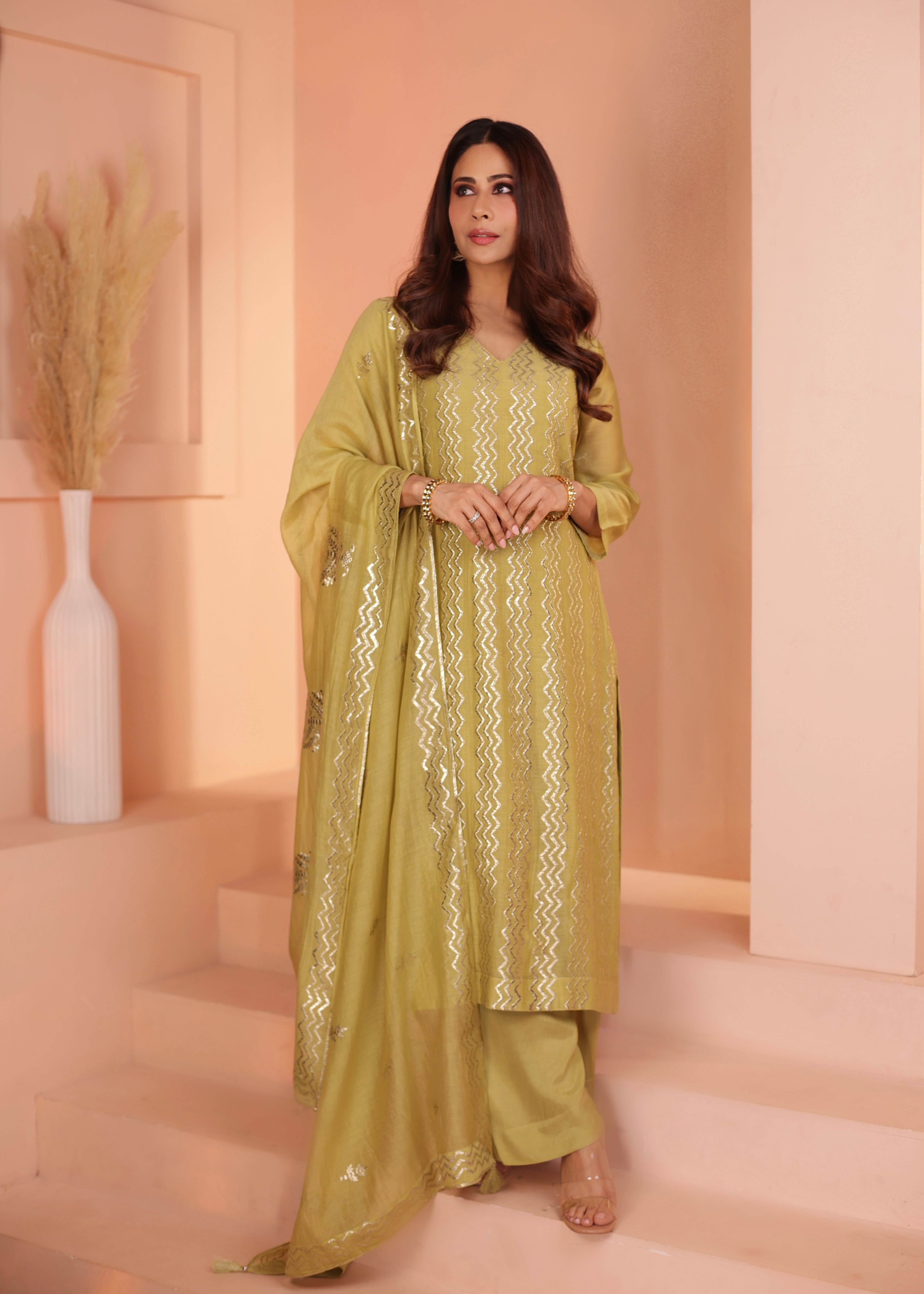 Olive Gold Embroidered Mul-Chanderi Silk Pant Set