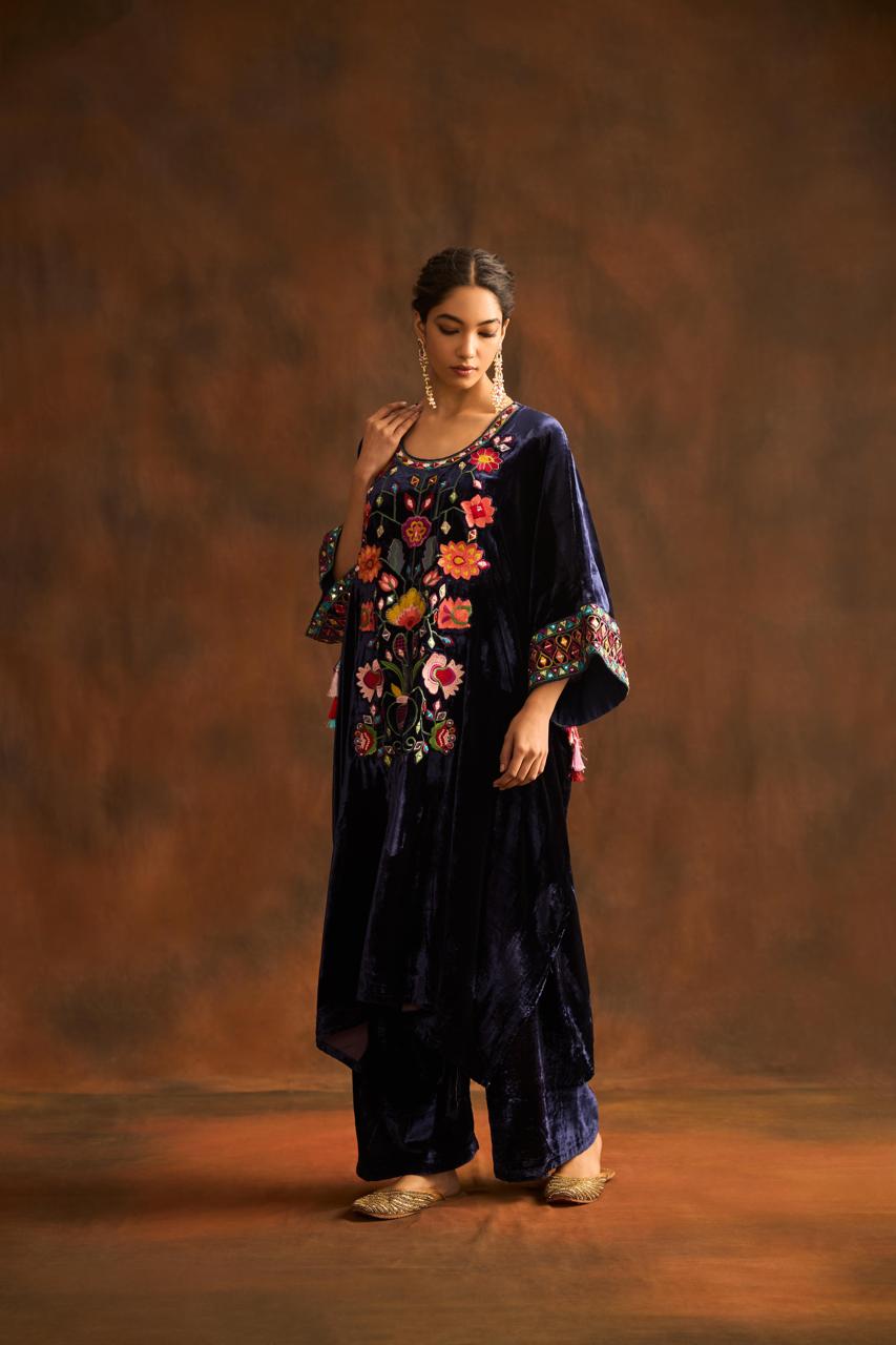 Dark Blue Embroidered Velvet Silk Palazzo Set