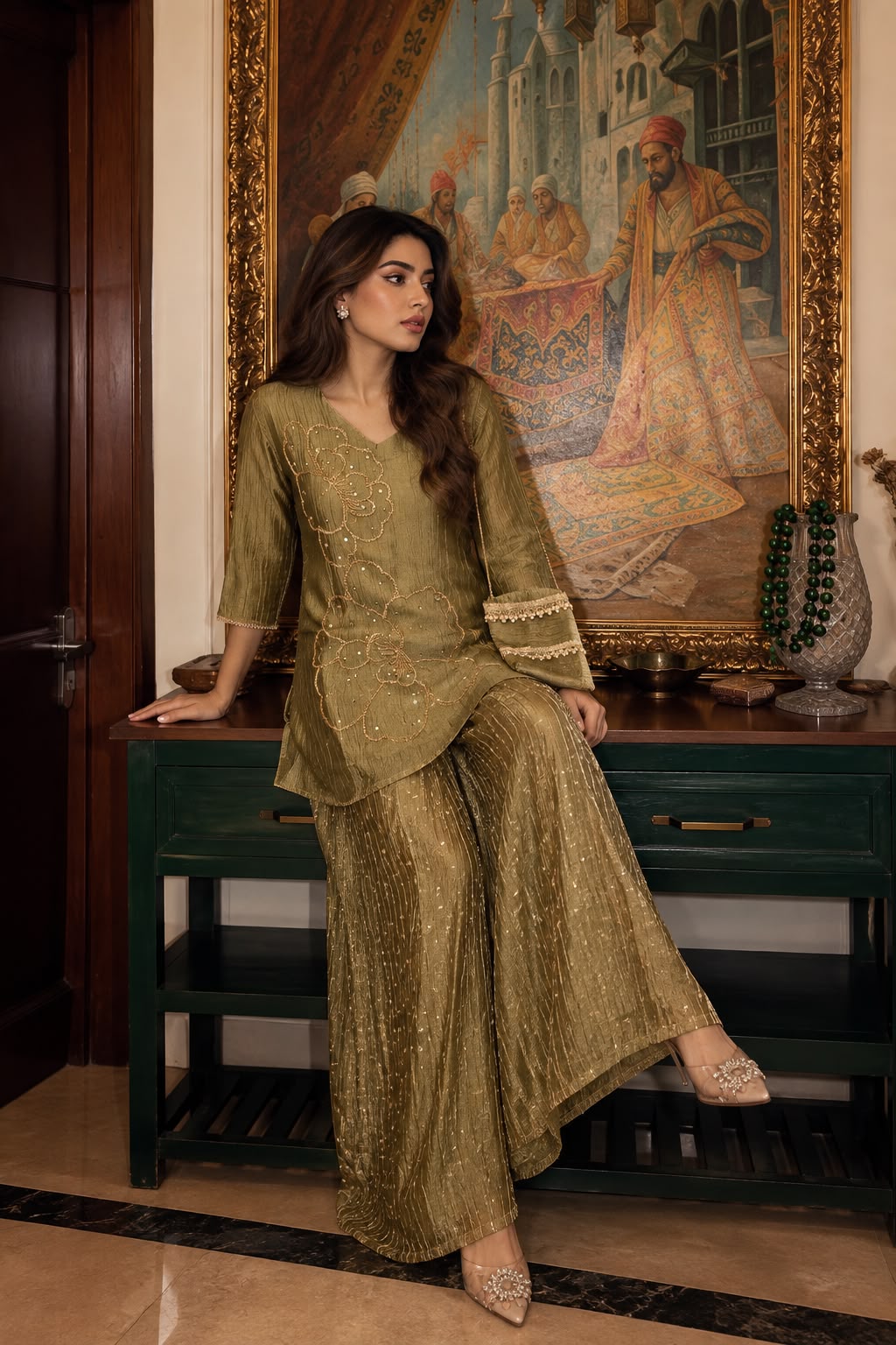 Misty Green Embellished Shimmer Tissue Silk Palazzo Set