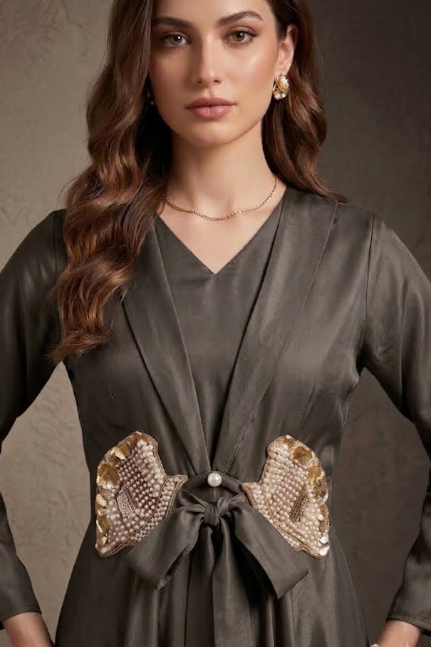 Charcoal Grey Embellished Crepe Silk Palazzo Set