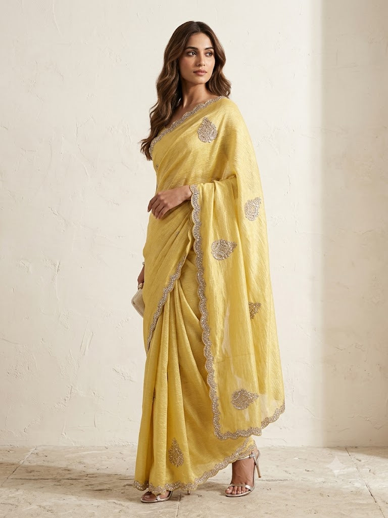 Pale Yellow Embellished Crushed Tissue Silk Saree