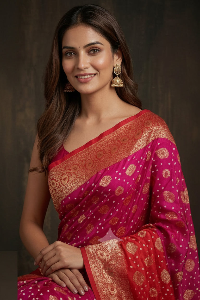Vibrant Red Bandhej Printed Premium Silk Saree