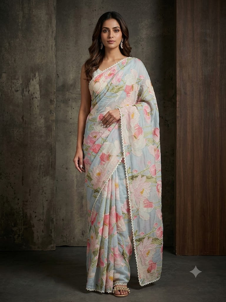 Ice Blue Embroidered Georgette Silk Saree