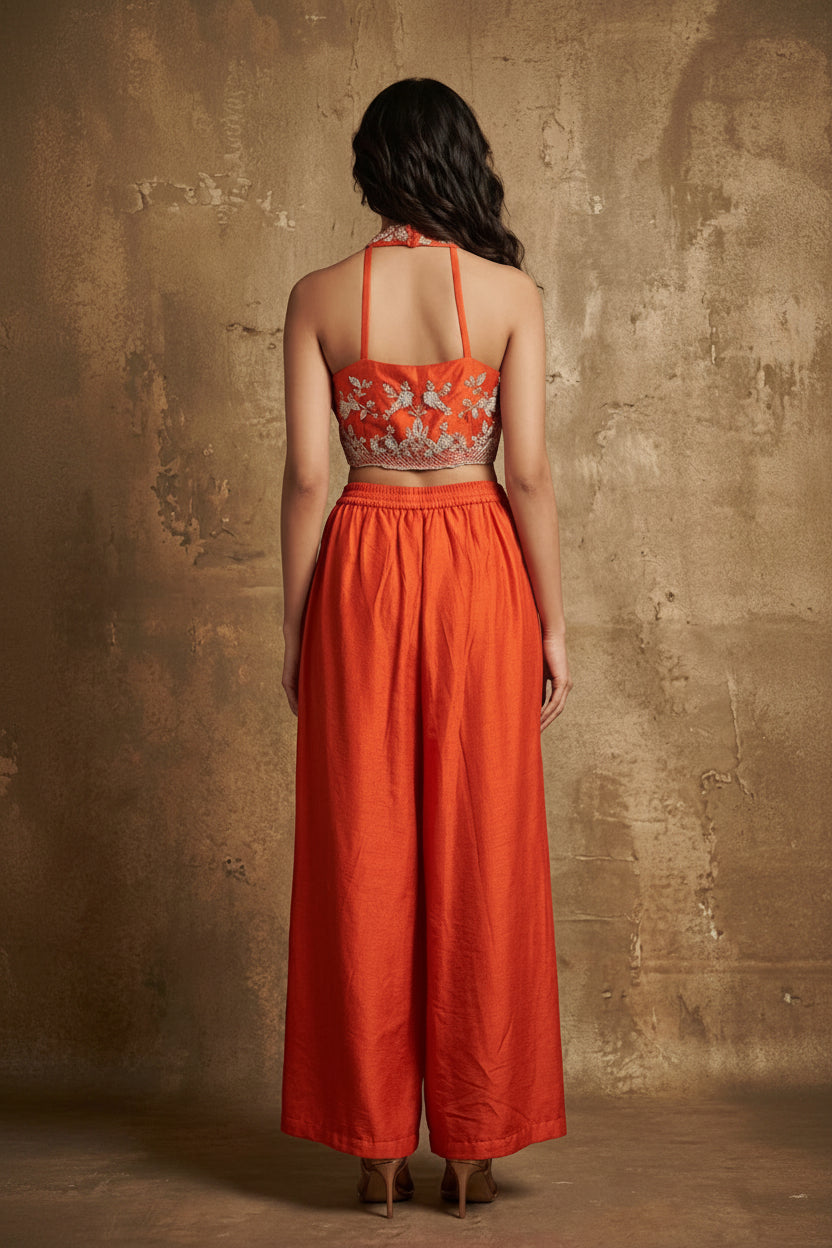 Bright Orange Embellished Raw Silk Palazzo Set