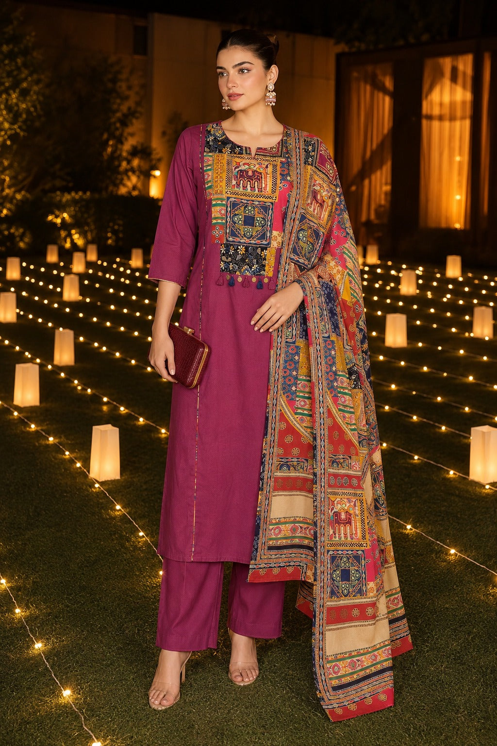 Light Magenta Printed Cotton Pant Set