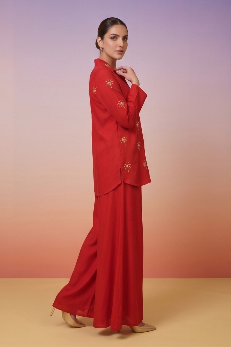 Rust Red Embellished Crepe Silk Co-Ord Set