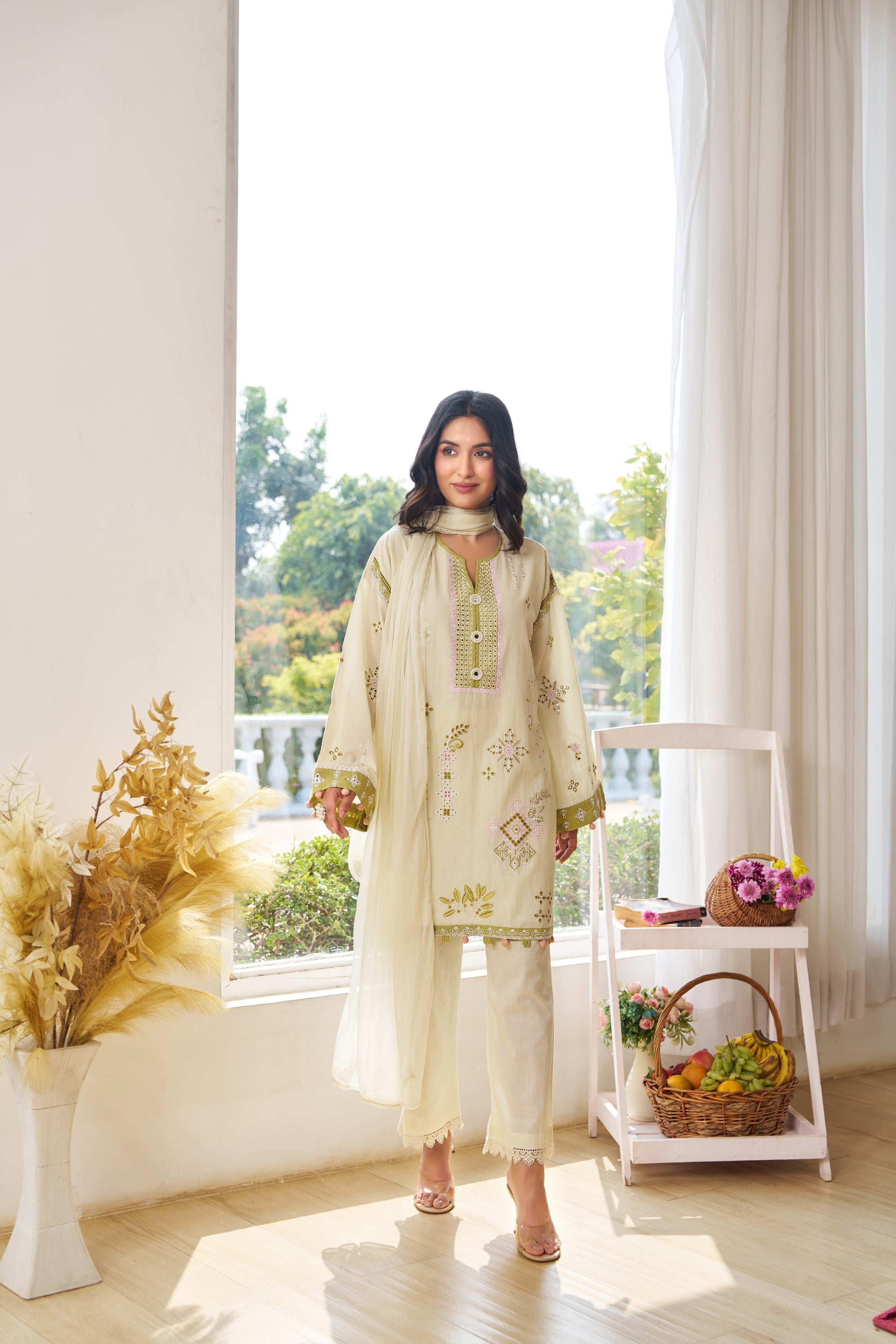 Soft Green Threadwork Cotton Pant Set