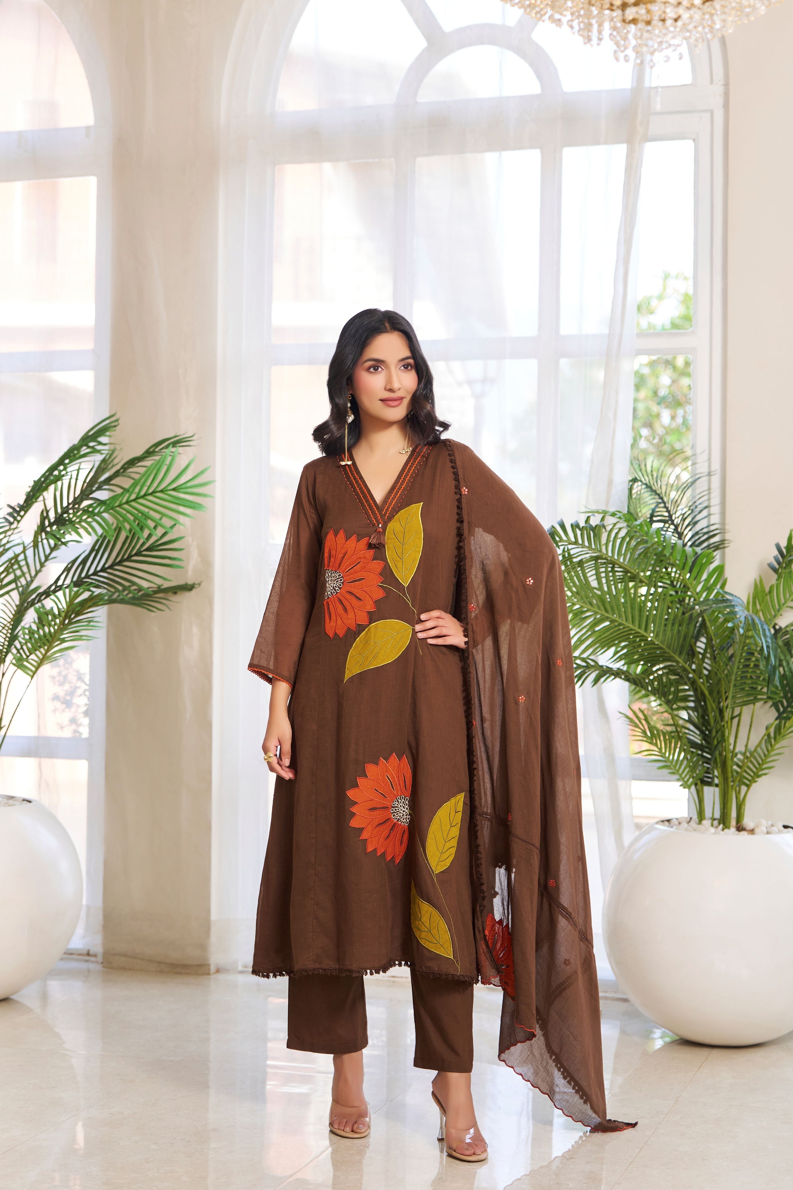 Chocolate Brown Applique Cotton Pant Set