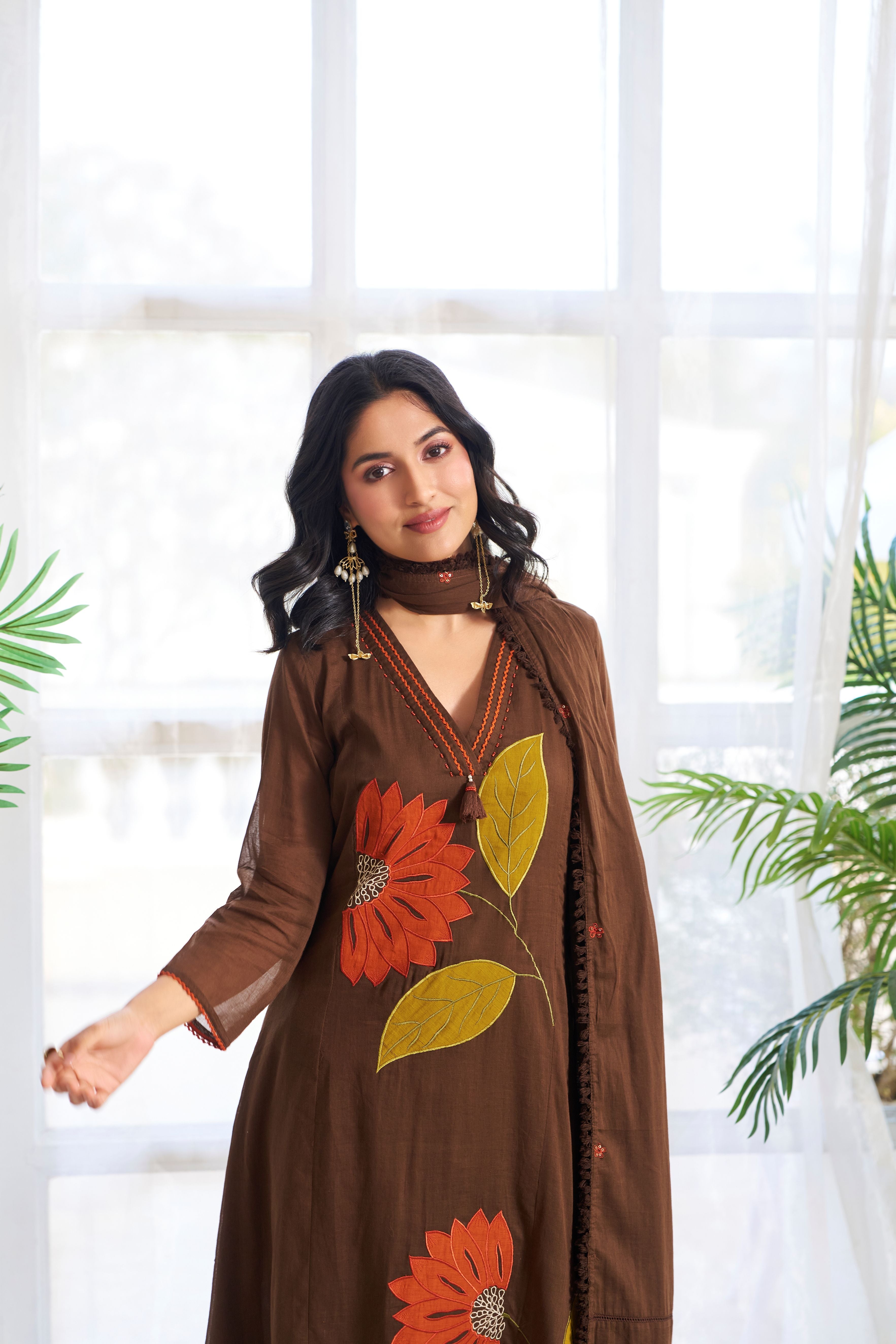 Chocolate Brown Applique Cotton Pant Set