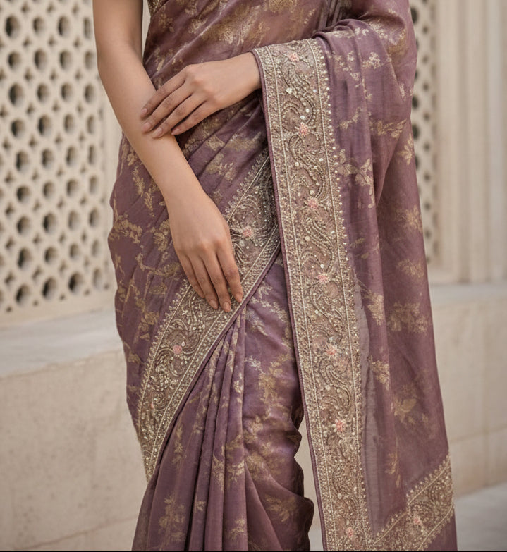Lilac Embellished Banarasi Tissue Silk Saree