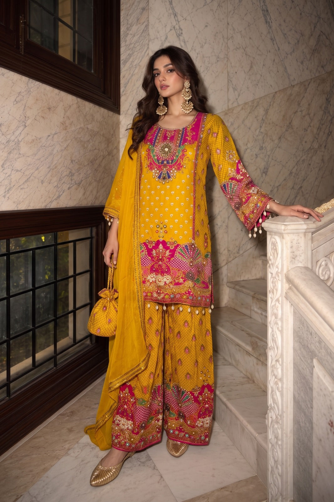 Vibrant Yellow Embellished Premium Crepe Silk Palazzo Set