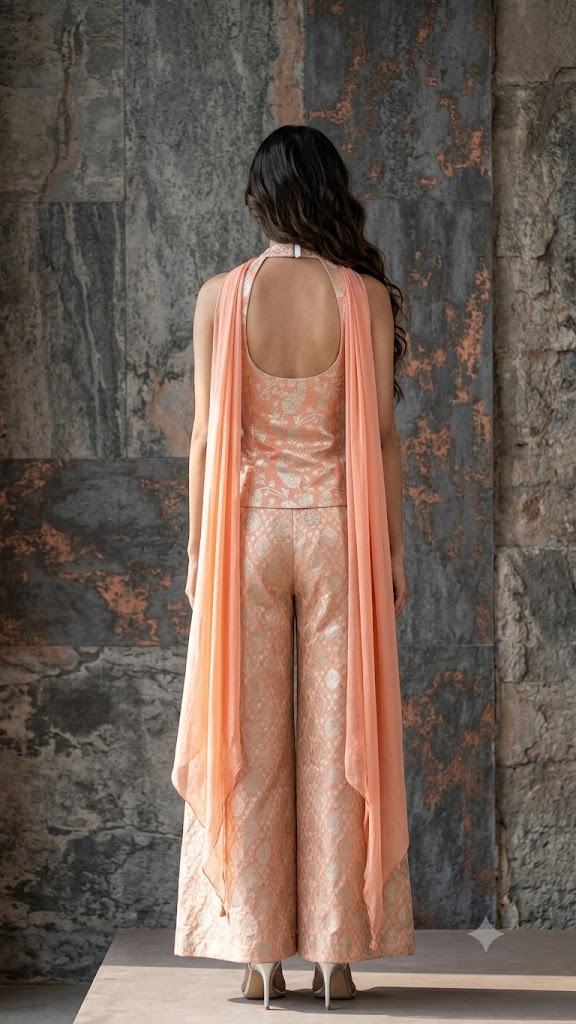 Soft Peach Embellished Banarasi Silk Palazzo Set