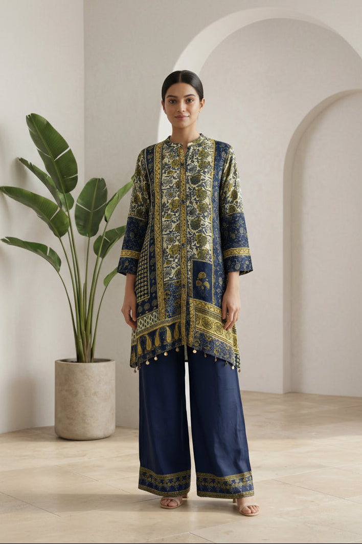 Indigo Vintage Printed Muslin Silk Co-Ord Set