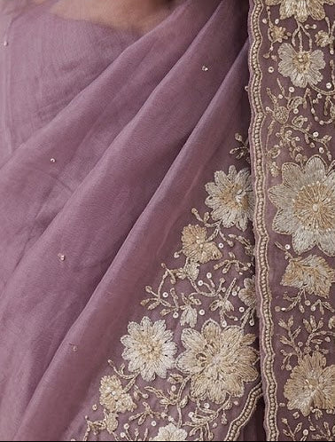 Lavender Embroidered Organza Silk Saree
