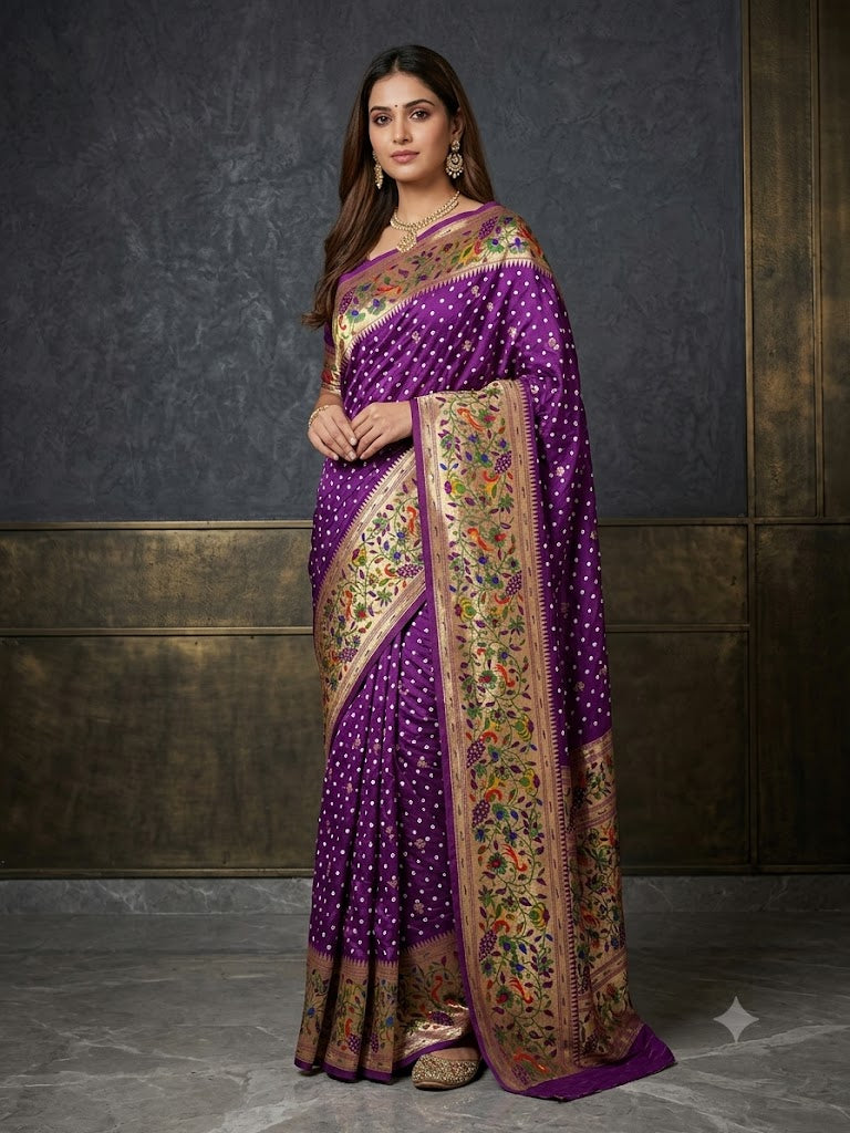 Royal Purple Bandhej Printed Premium Silk Saree