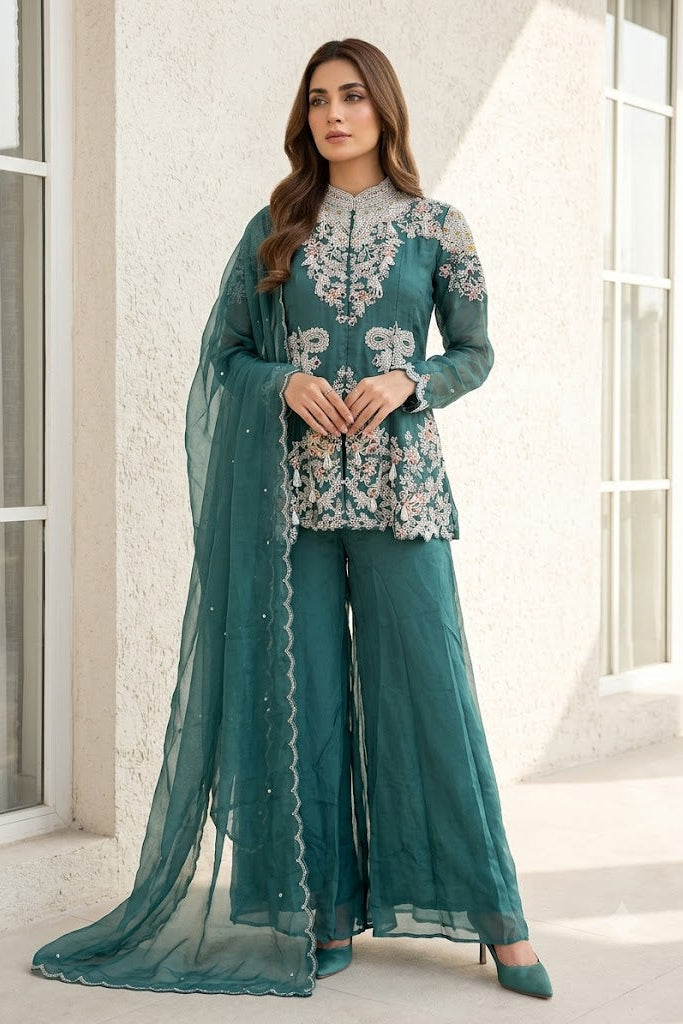 Light Teal Embellished Organza Silk Palazzo Set