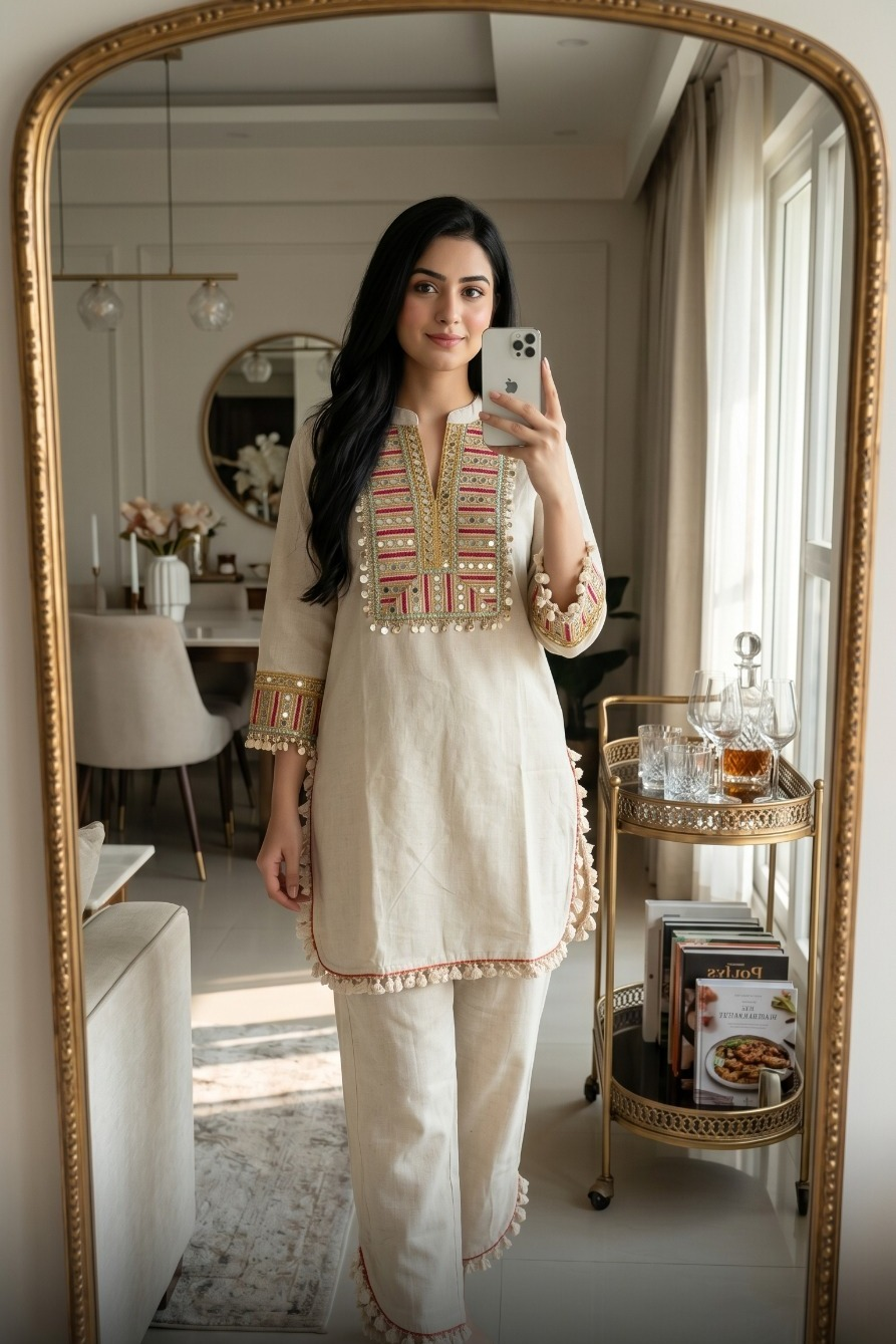 White Pearl Embellished Linen Co-Ord Set