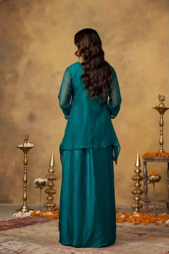 Pine Green Embellished Satin Silk Skirt Set